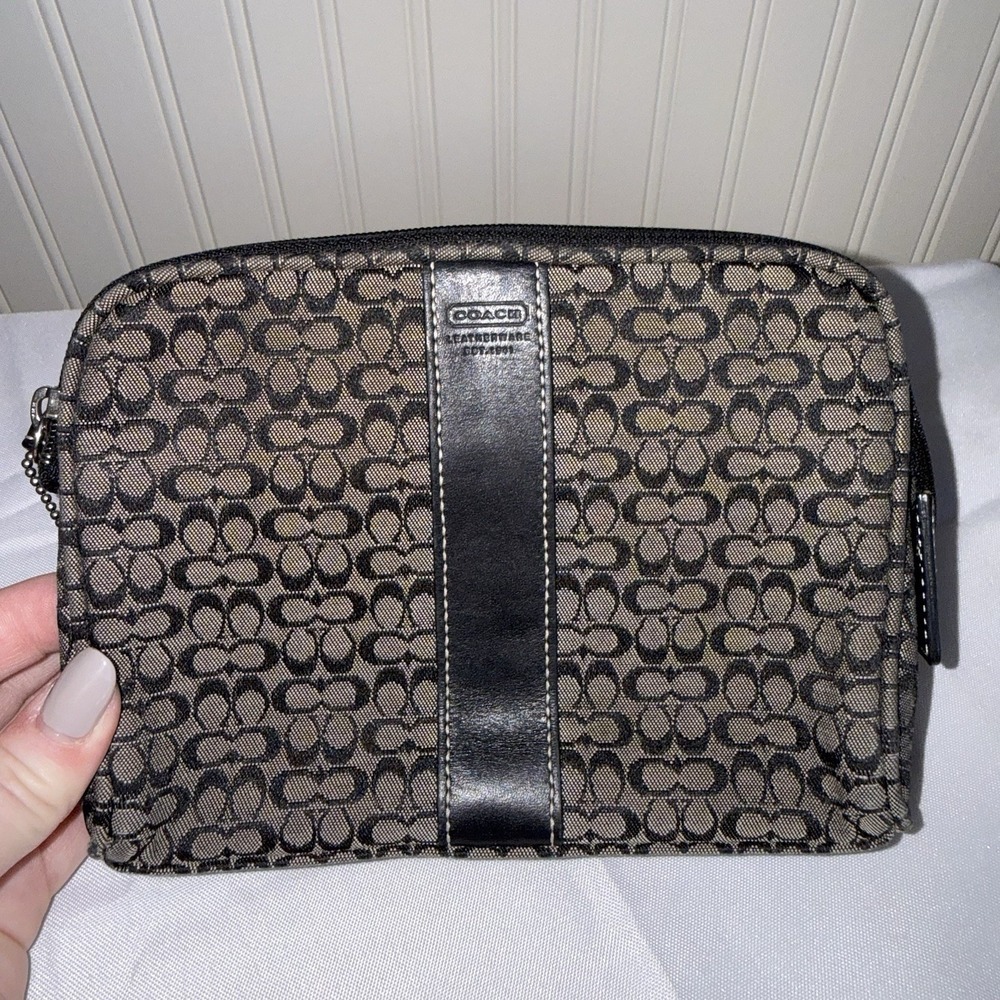 Vintage COACH Monogram Canvas Leather Trim Cosmetic Small Zip Bag Black Pouch